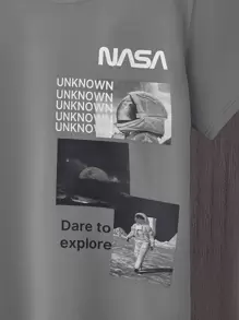 SHEIN Teenage Boys Graphic & Slogan Print T-Shirt, Casual Streetwear Style, Soft & Breathable - Grey - View 5