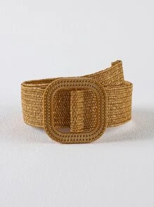1pc Women Square Buckle Boho Straw Belt, For Beach - Brown - View 1