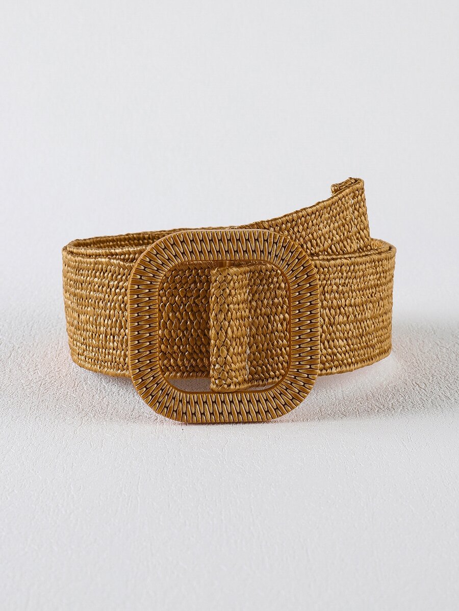 1pc Women Square Buckle Boho Straw Belt, For Beach - Brown - View 1