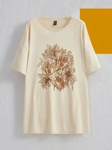 Ellice Cothern Plus Floral & Figure Graphic Drop Shoulder Tee - Apricot - View 1