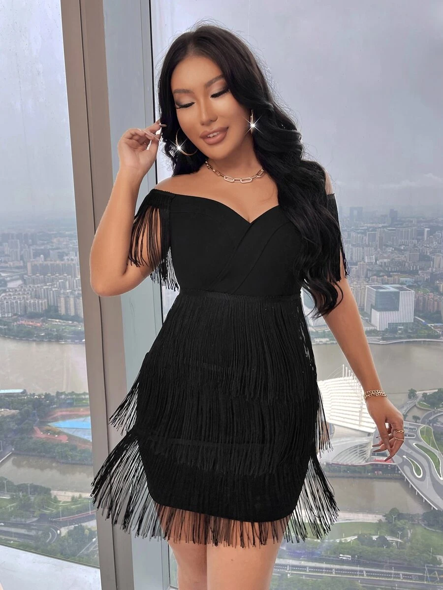 SHEIN SXY Vestido de hombros descubiertos bajo con fleco - Negro - Ver 1