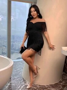 SHEIN SXY Vestido de hombros descubiertos bajo con fleco - Negro - Ver 5