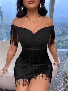 SHEIN SXY Vestido de hombros descubiertos bajo con fleco - Negro - Ver 6