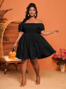 Slaydiva Plus Off Shoulder Puff Sleeve Dress - Black - View 1