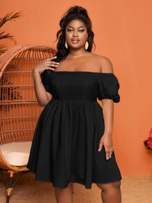 Slaydiva Plus Off Shoulder Puff Sleeve Dress - Black - View 3