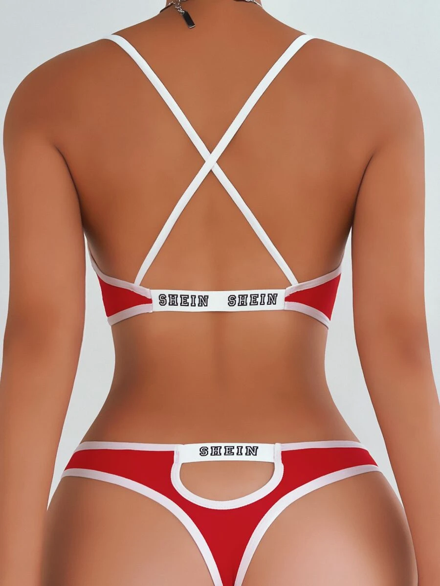 Letter Graphic Contrast Binding Crisscross Cut Out Wireless Lingerie Set - Red - View 1