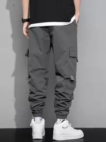 Manfinity Roghcode Men Letter & Expression Print Flap Pocket Drawstring Waist Cargo Trousers - Dark Grey - View 2