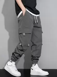 Manfinity Roghcode Men Letter & Expression Print Flap Pocket Drawstring Waist Cargo Trousers - Dark Grey - View 4