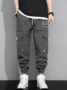 Manfinity Roghcode Men Letter & Expression Print Flap Pocket Drawstring Waist Cargo Trousers - Dark Grey - View 8