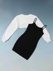 SHEIN Tween Girl Super Crop Pullover & Letter Graphic Cami Dress Set - Black and White - View 2