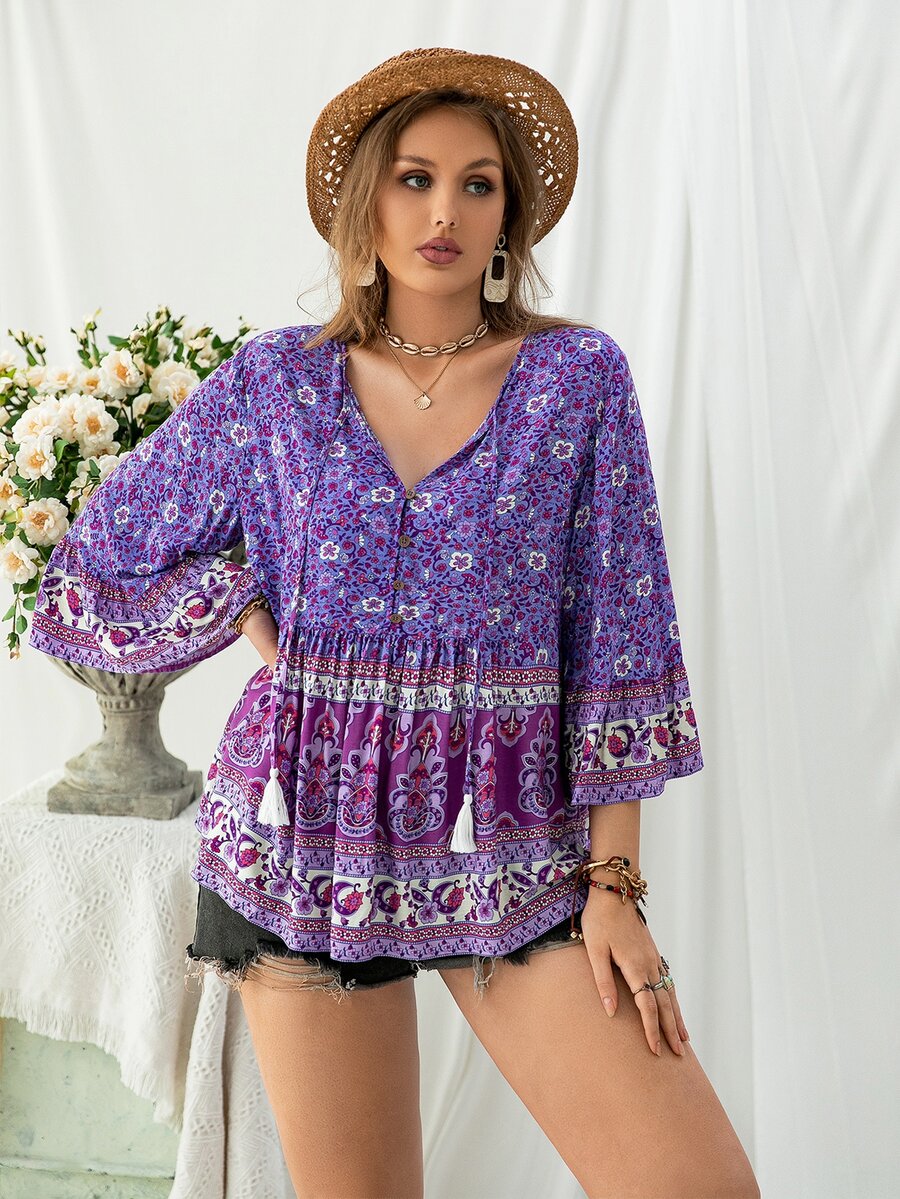 Rusttydustty 大碼佩斯利和花圖案流蘇繫帶領前紐扣荷葉邊下擺襯衫 - 彩色 - 查看 1