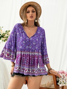 Rusttydustty 大碼佩斯利和花圖案流蘇繫帶領前紐扣荷葉邊下擺襯衫 - 彩色 - 查看 4