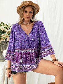 Rusttydustty 大碼佩斯利和花圖案流蘇繫帶領前紐扣荷葉邊下擺襯衫 - 彩色 - 查看 5