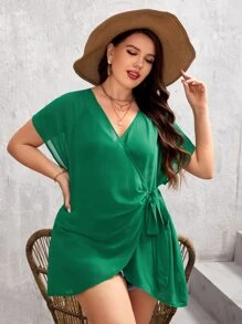 Plus Dolman Sleeve Tie Side Kimono - Green - View 1