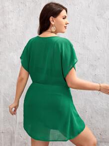 Plus Dolman Sleeve Tie Side Kimono - Green - View 2