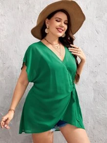 Plus Dolman Sleeve Tie Side Kimono - Green - View 3