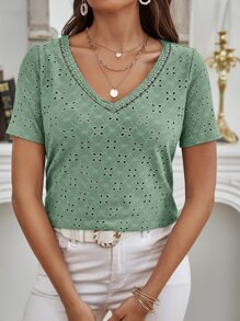 SHEIN Frenchy 鏤空提花蕾絲T恤 - 薄荷綠 - 查看 3