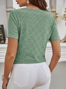 SHEIN Frenchy 鏤空提花蕾絲T恤 - 薄荷綠 - 查看 5