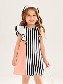 SHEIN Niñitas Vestido de rayas ribete con fruncido - Multicolor - Ver 1