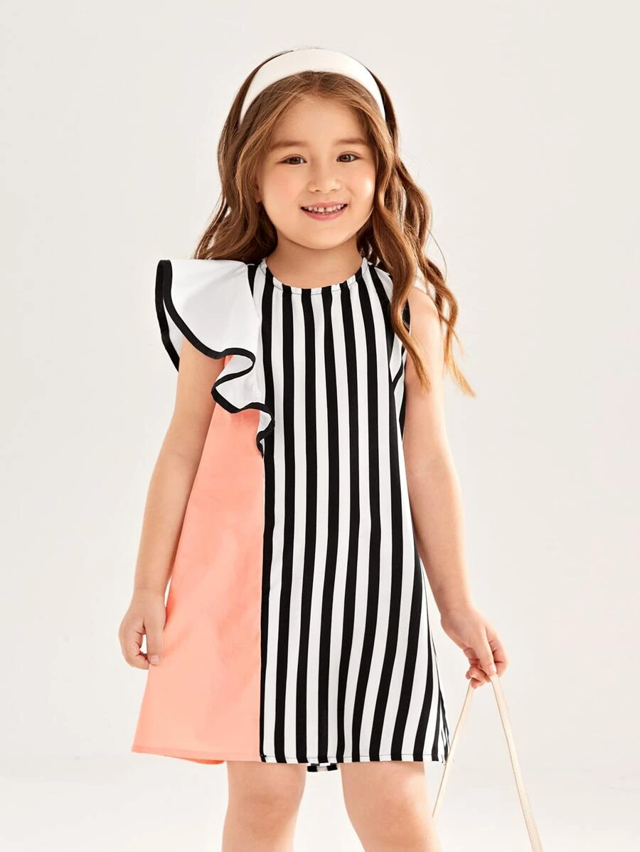 SHEIN Niñitas Vestido de rayas ribete con fruncido - Multicolor - Ver 1