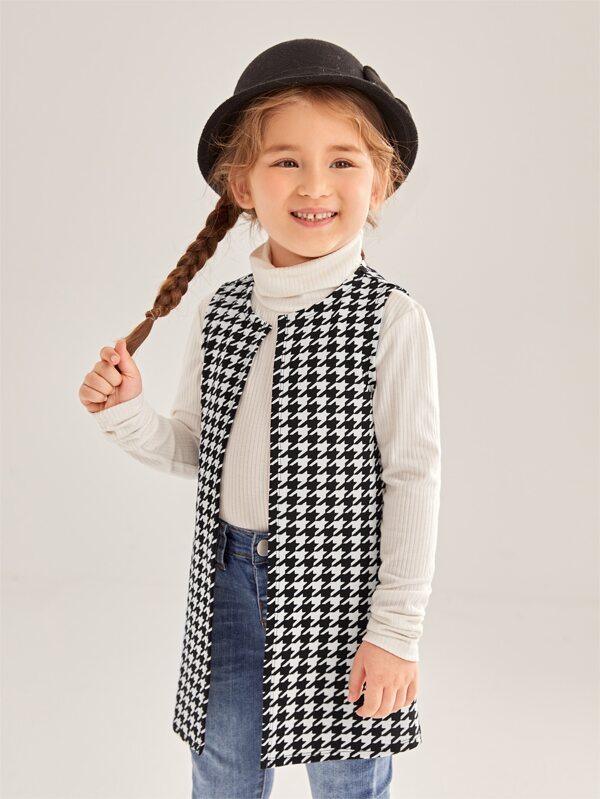 SHEIN Kids FANZEY Toddler Girls Houndstooth Print Open Front Vest Coat