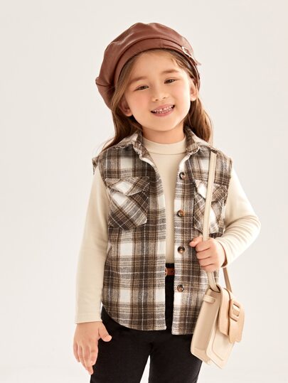 SHEIN Odzież Wierzchnia dla Dziewczynek Kieszeń Guziki z przodu Tartan Casual