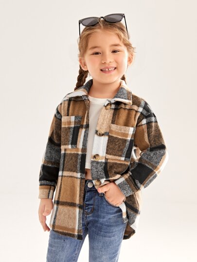 SHEIN Young Girl Plaid Print Pocket Patched Overcoat,In Fall/Winter