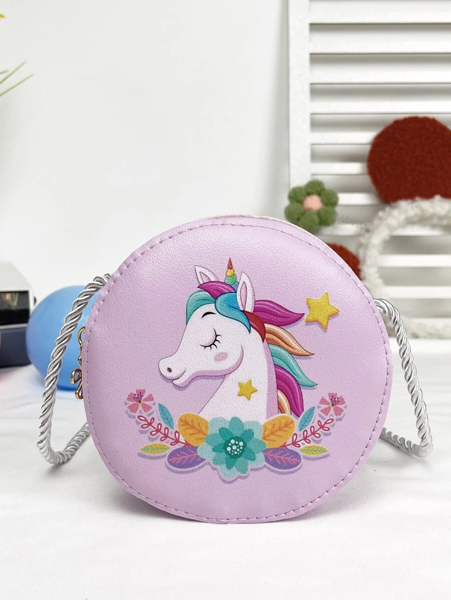 1pc Mini Flower Unicorn Mermaid PU Zipper Closure Cartoon Cute Crossbody Bag Suitable For Daily Use - Purple - View 1