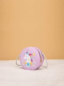 1pc Mini Flower Unicorn Mermaid PU Zipper Closure Cartoon Cute Crossbody Bag Suitable For Daily Use - Purple - View 2