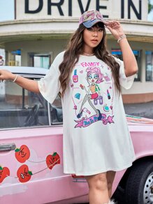 SHEIN 大碼多巴胺穿衣法卡通圖案T恤洋裝 - 白色 - 查看 1