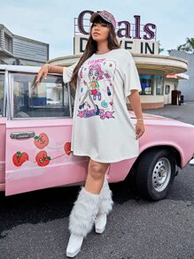 SHEIN 大碼多巴胺穿衣法卡通圖案T恤洋裝 - 白色 - 查看 3