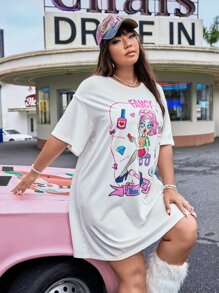 SHEIN 大碼多巴胺穿衣法卡通圖案T恤洋裝 - 白色 - 查看 4