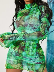 SHEIN SXY 高領木耳邊下擺開叉透視網紗緊身連衣裙 - 彩色 - 查看 4
