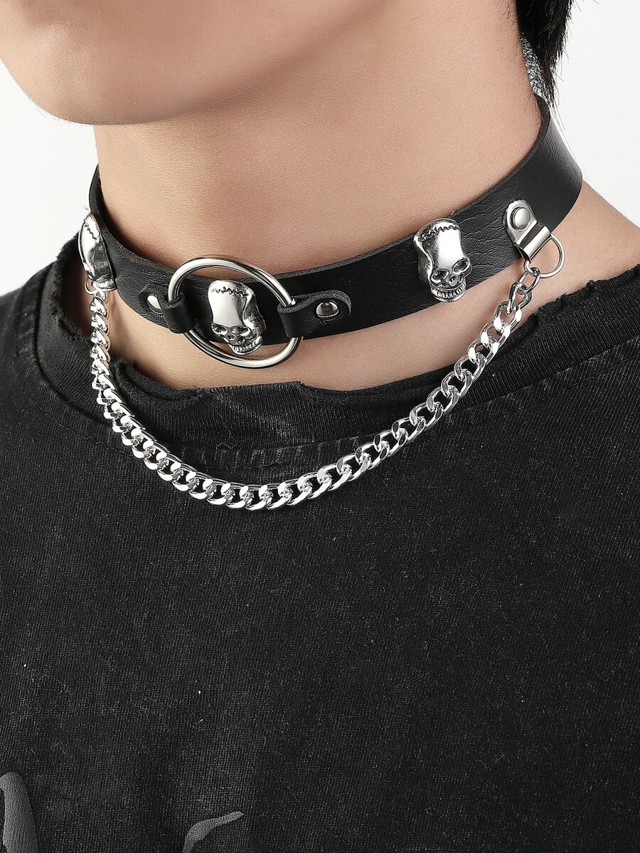 Fashionable and Popular Men Chain & Skull Decor Choker PU for Vacation and for a Stylish Look - Black - View 1