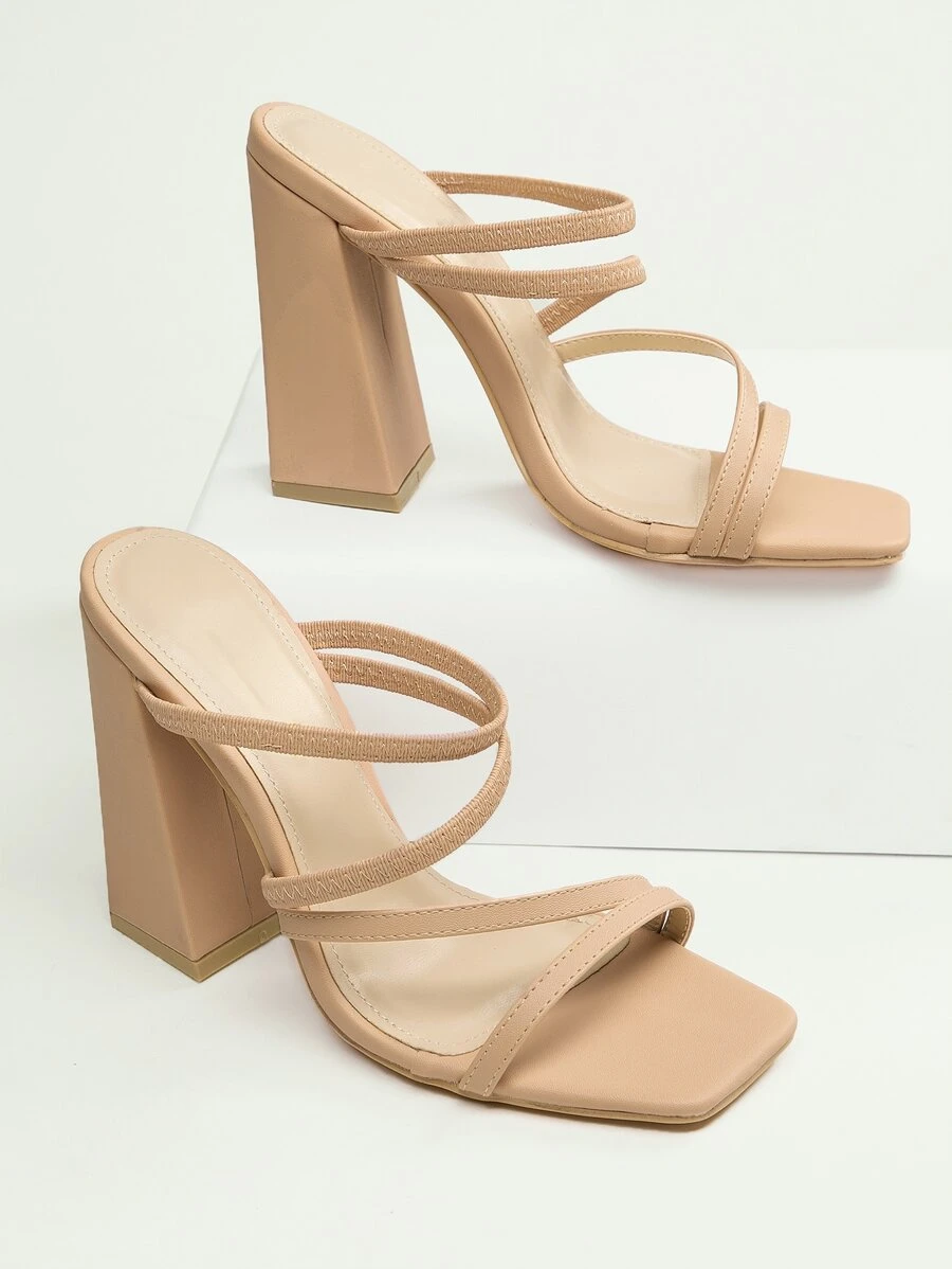 多條帶露趾粗跟穆勒鞋 - 杏色 - 查看 1