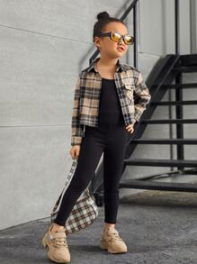 SHEIN Conjunto De Mono Y Chaqueta De Hombros Caídos Con Estampado A Cuadros Para Niñas Jóvenes - Multicolor - Ver 1