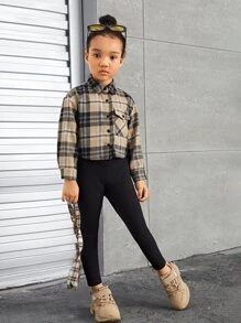 SHEIN Conjunto De Mono Y Chaqueta De Hombros Caídos Con Estampado A Cuadros Para Niñas Jóvenes - Multicolor - Ver 3