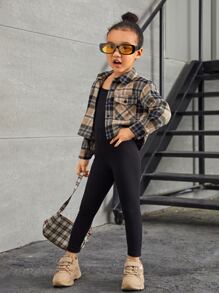 SHEIN Conjunto De Mono Y Chaqueta De Hombros Caídos Con Estampado A Cuadros Para Niñas Jóvenes - Multicolor - Ver 5