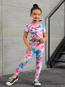 SHEIN 小女童紮染標語和蝴蝶印花上衣和字母織帶緊身打底褲