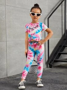 SHEIN 小女童紮染標語和蝴蝶印花上衣和字母織帶緊身打底褲