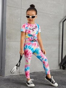 SHEIN 小女童紮染標語和蝴蝶印花上衣和字母織帶緊身打底褲