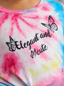 SHEIN 小女童紮染標語和蝴蝶印花上衣和字母織帶緊身打底褲