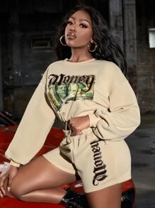 Slaydiva Letter and Dollar Print Drop Shoulder Pullover & Shorts Set - Beige - View 3