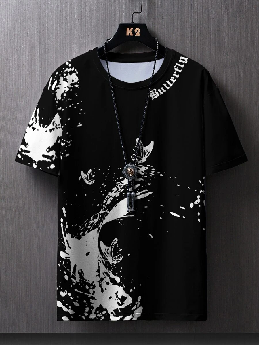 Manfinity LEGND Men Butterfly & Splash Ink Print Tee, 2000s Style - Black - View 1
