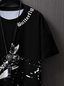 Manfinity LEGND Men Butterfly & Splash Ink Print Tee, 2000s Style - Black - View 4