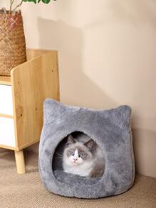 1pc Plush Cat Ear Design Shaped Pet Bed For Cat For Sleeping - Grey - View 5