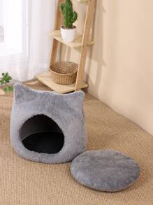 1pc Plush Cat Ear Design Shaped Pet Bed For Cat For Sleeping - Grey - View 6