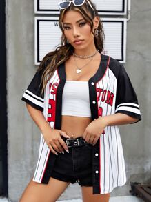 SHEIN EZwear Vertical Striped & Letter Graphic Contrast Piping Raglan Sleeve Baseball Shirt - Black and White - View 2