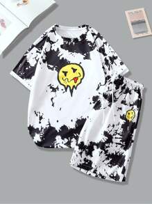 Manfinity EMRG 男士紮染卡通圖案T恤和短褲 - 黑與白 - 查看 1