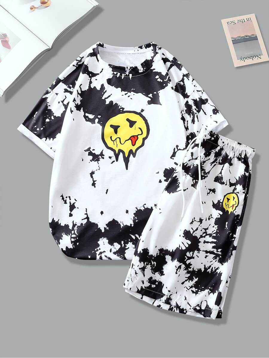 Manfinity EMRG 男士紮染卡通圖案T恤和短褲 - 黑與白 - 查看 1